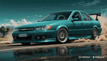 a blue car is driving down a road with the words minimax and hailuo ai in the corner