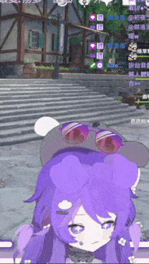 a girl with purple hair is wearing sunglasses and a hat in a video game