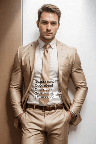 a man in a suit and tie is standing in front of a wall