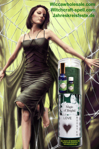 a woman in a green dress stands next to a bottle of magic of bright love