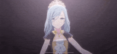 a girl with long blue hair and a crown on her head is wearing a dress and gloves .