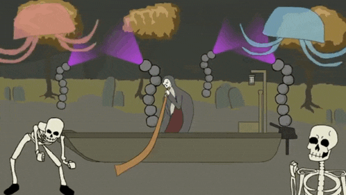 a cartoon of a skeleton standing in front of a boat with jellyfish coming out of it