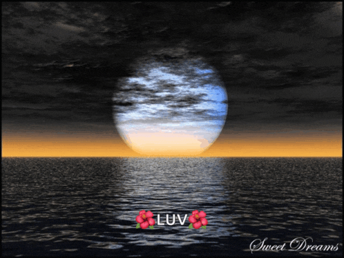 a picture of a full moon over a body of water with the words " luv " on it