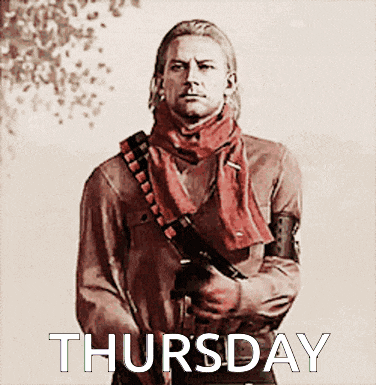 a man with a scarf around his neck is holding a gun in front of a sign that says " thursday "