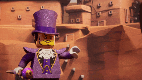 a lego character wearing a purple top hat and holding a sword