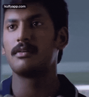 a close up of a man 's face with a mustache looking at the camera .