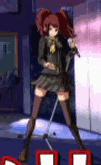 a girl in a school uniform is singing into a microphone in a room .