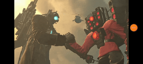 a screenshot of a video game shows two soldiers shaking hands and a helicopter in the background