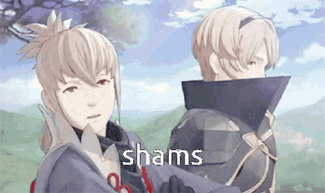 a couple of anime characters standing next to each other with the word shams on the bottom right