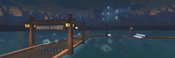 a video game scene with a sign that says mario kart on it