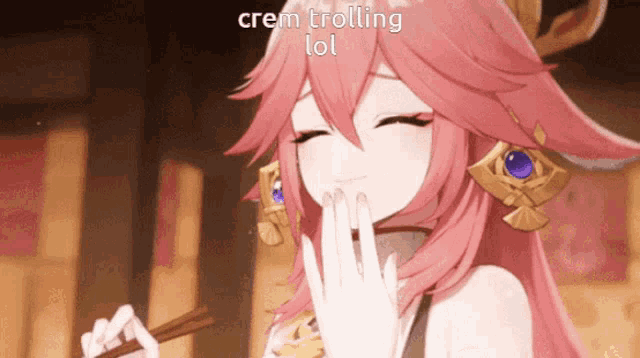 a girl with pink hair is holding chopsticks and says crem trolling lol on the bottom