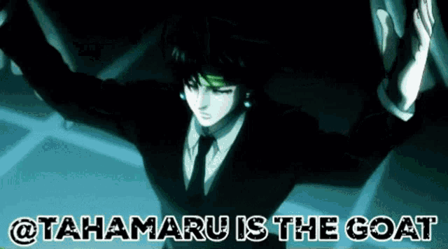 a picture of a man in a suit and tie with a caption that says @ tahamaru is the goat