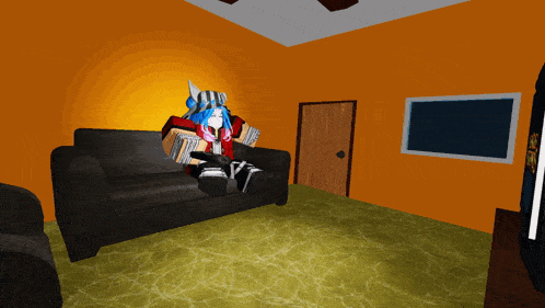 a cartoon character is sitting on a couch in a living room