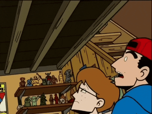 a cartoon of a man and a woman looking at a shelf full of stuffed animals