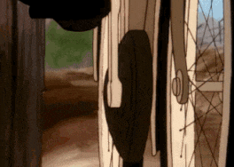 a cartoon of a person walking through a doorway
