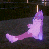 a girl with purple hair is sitting on a sidewalk