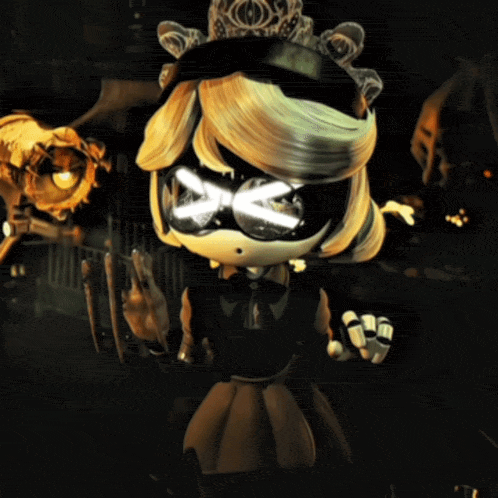 a cartoon character with a crown on her head is wearing glasses and a black dress