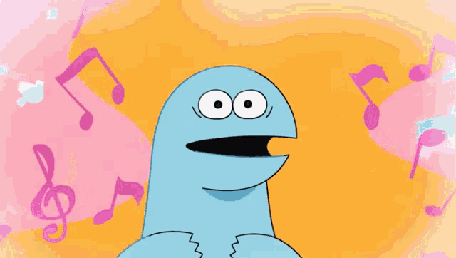 a cartoon character is surrounded by music notes on a pink background