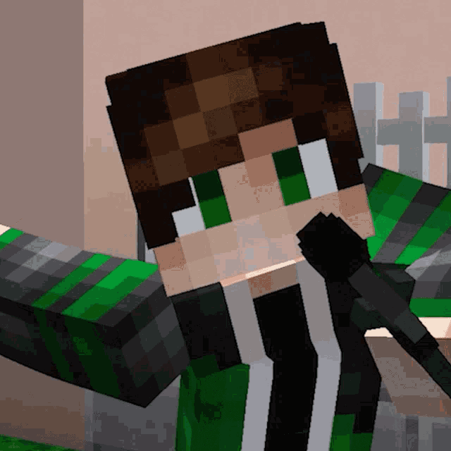a minecraft character with green eyes is holding a microphone