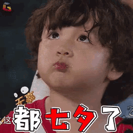 a little boy with curly hair is making a funny face in chinese