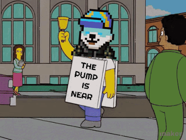 a pixelated cartoon character holding a sign that says the pump is near