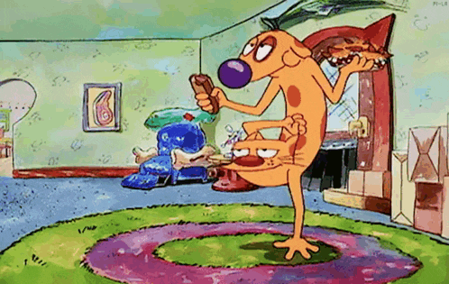 a cartoon cat with a purple nose is standing on a rug in a room