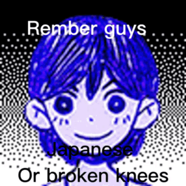 a cartoon of a boy with blue hair and the words rember guys japanese or broken knees