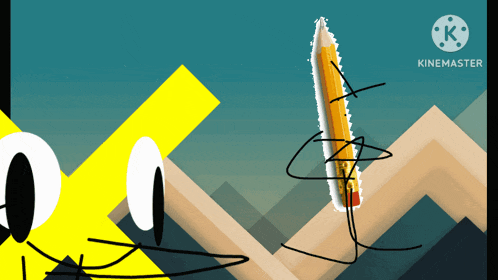 a cartoon drawing of a yellow x and a pencil with the words kinemaster below it