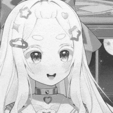 a black and white drawing of a cute anime girl with long white hair and a choker .