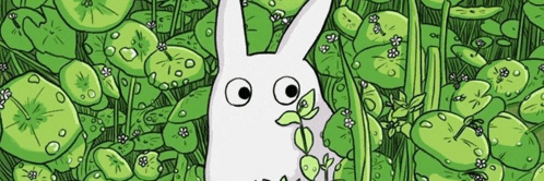 a cartoon bunny is surrounded by green leaves and flowers