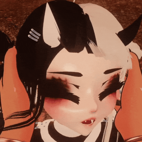 a close up of a girl 's face with a black and white stripe on her hair