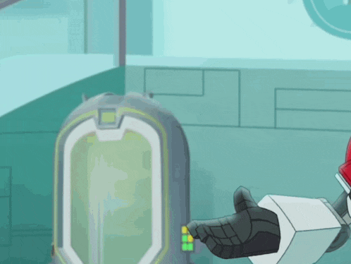 a cartoon character is standing next to a container that says ' a ' on it