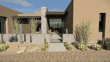 an artist 's impression of a house with a brick walkway leading to the entrance