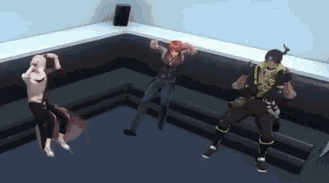 a group of people are dancing in a room .