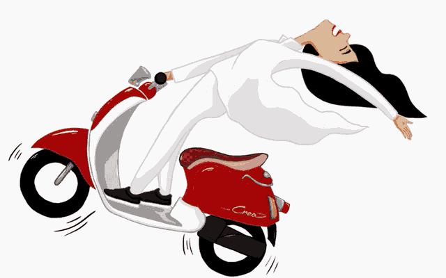 a cartoon of a woman riding a red scooter with the word crea on the back