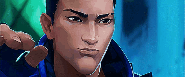 a close up of a man 's face with a blue background