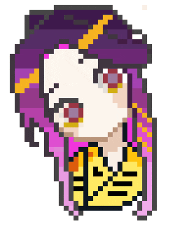 a pixel art drawing of a girl with purple hair and red eyes