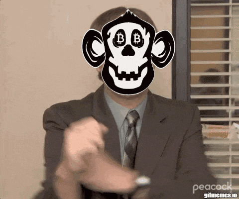 a man wearing a suit and tie has a monkey mask on his face with a bitcoin symbol on his eyes