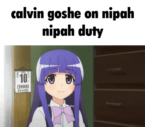 a picture of a girl with purple hair and the words calvin goshe on nipah nipah duty above her