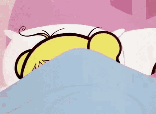 a cartoon character is laying on a bed with her head on a blue blanket .