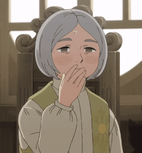 a cartoon drawing of a woman with gray hair covering her mouth