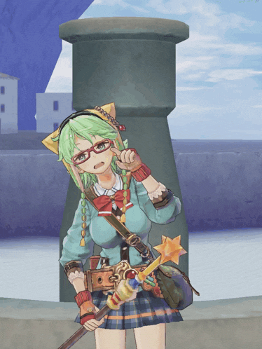 a girl with green hair and glasses is standing in front of a pillar