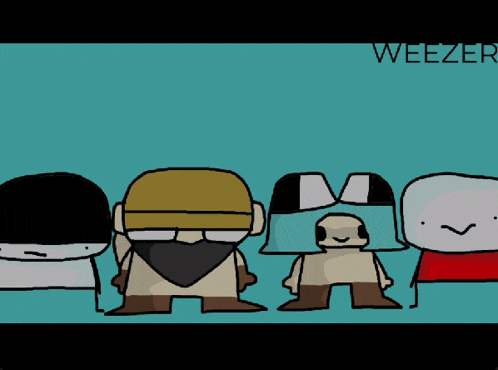 a group of cartoon characters standing next to each other with the word weezer on the bottom right