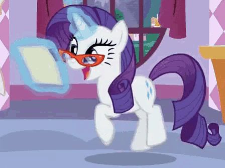 rarity from my little pony is wearing glasses and looking at a mirror .