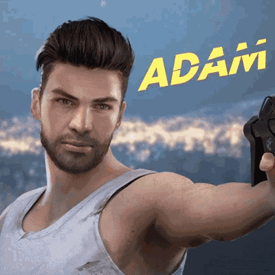 a man in a white tank top is holding a gun and the name adam is on the bottom