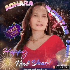 a woman in a red top is surrounded by fireworks and says thank you