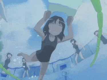 a girl in a black bathing suit is swimming in a pool