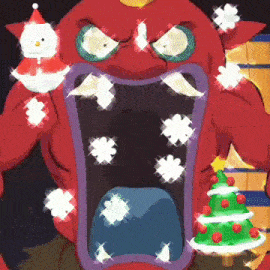 a monster with a christmas tree in its mouth