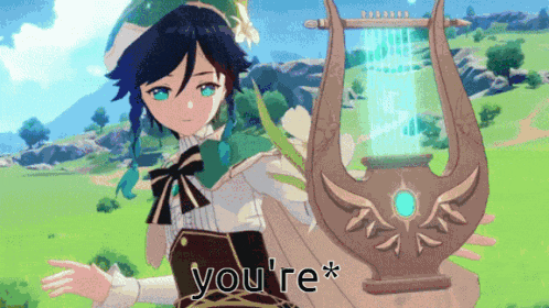 a video game character is holding a harp and saying you 're