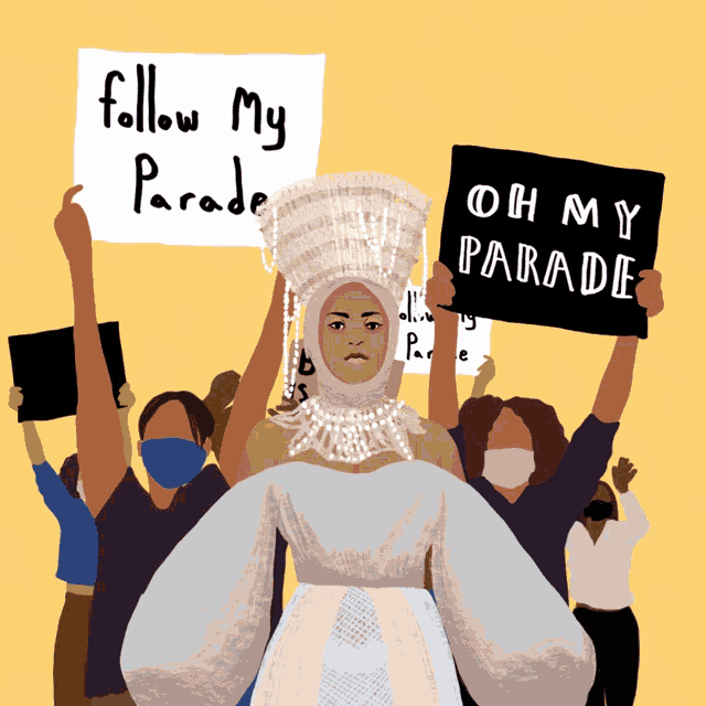 a woman in a white dress holds a sign that says follow my parade